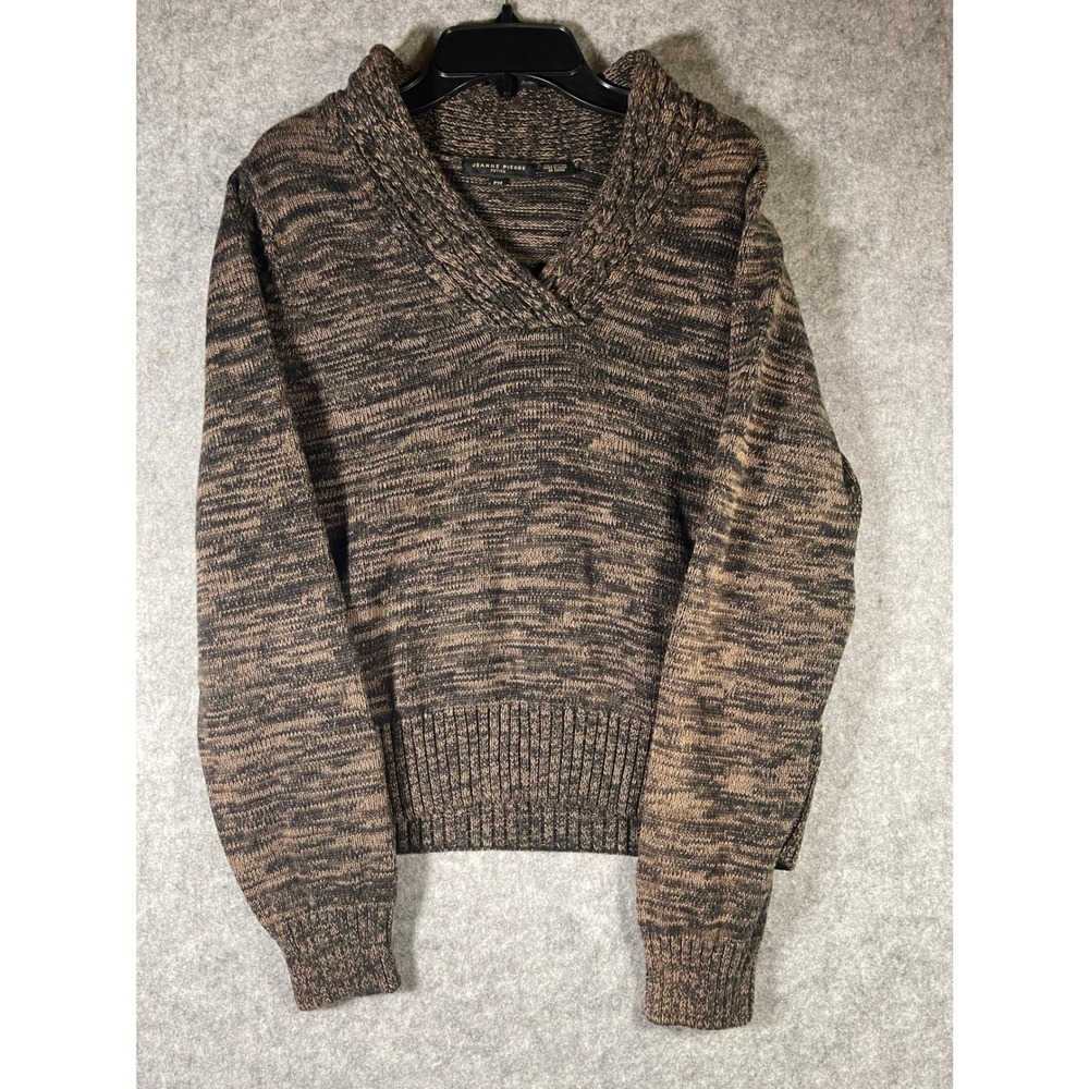 Jeanne Pierre Petite Brown Space Dye Cotton Shawl Collar Sweater PM Brown Black